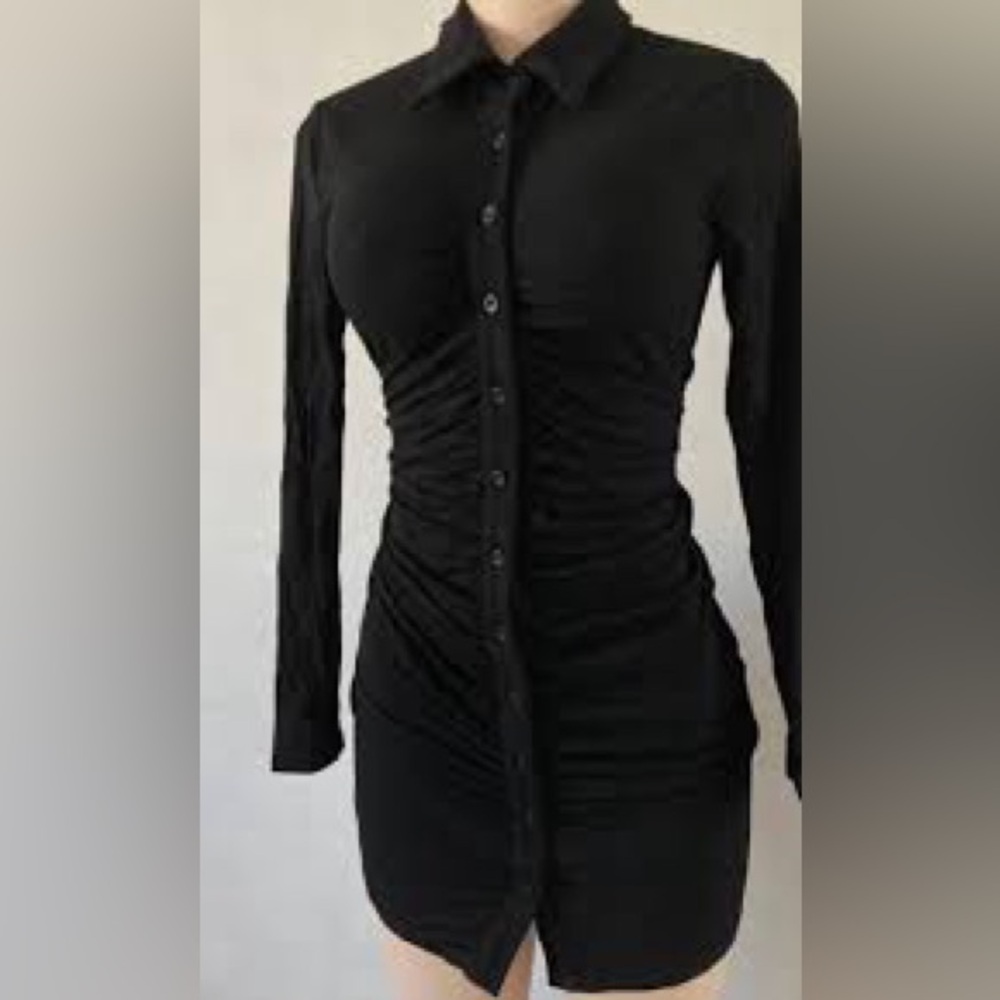 Heiress Black Ruched Long Sleeve collared mini Dress button up shirt jacket